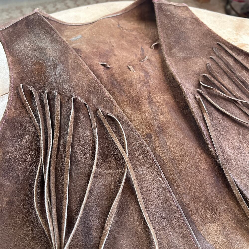 70s genuine suede fringe vest brown western festival boho vintage women M L - Picture 10 of 13